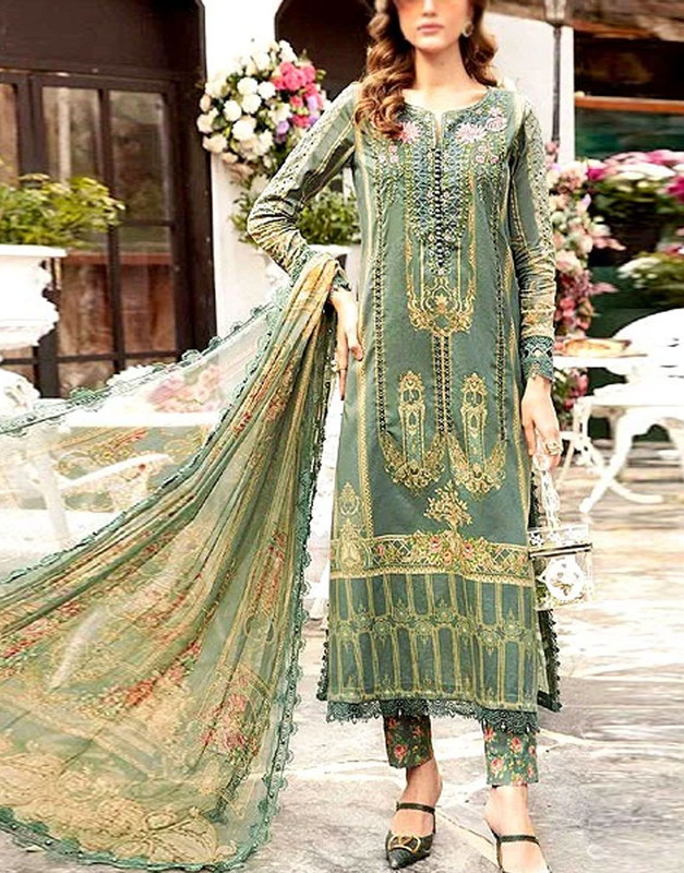 Designer Printed Lawn Suit 3-Pc with Heavy Embroidery and Printed Soft Chiffon Dupatta (2024).