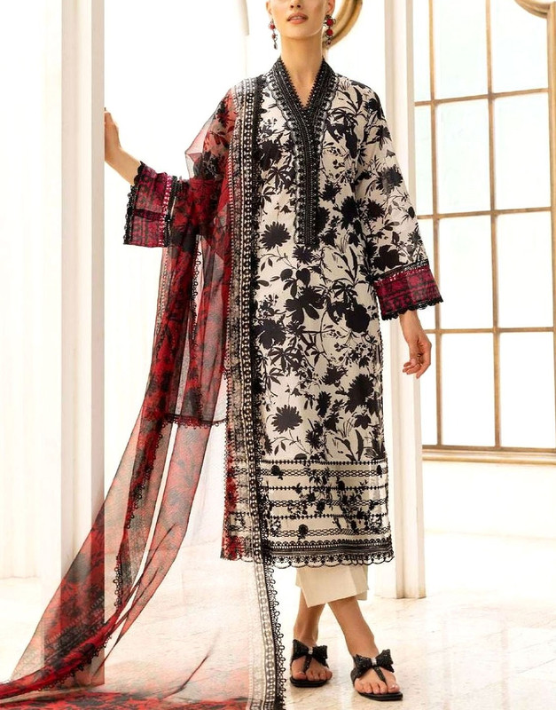 Unstitched Digital Print Embroidered EID Lawn Suit (90/70) with Printed Soft Chiffon Dupatta.