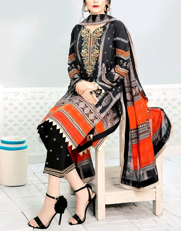 Digital print karandi unstitched winter suit front view - Pakistani warm 3-piece with zari sequin embroidery