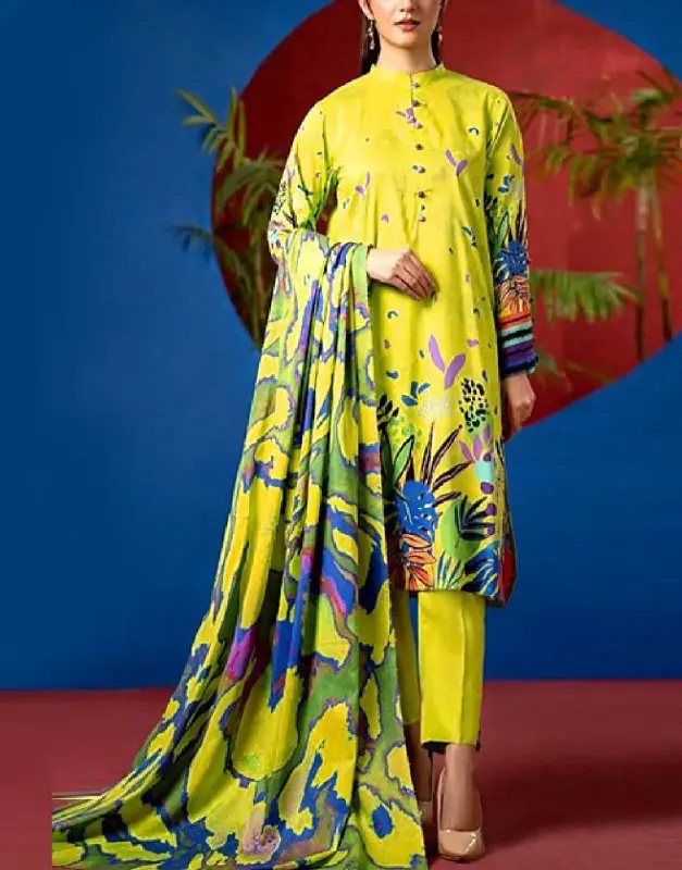 Stylish Unstitched Digital Print 90/70 Lawn 3-Piece Suit with Digital Printed Diamond Voil Dupatta.