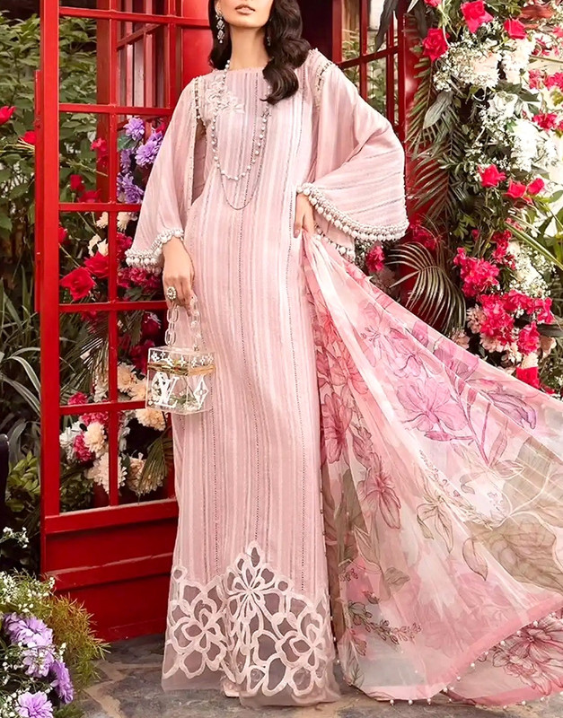 Elegant unstitched Printed Lawn Suit with Embroidered Neck Patch and Printed Chiffon Dupatta.
