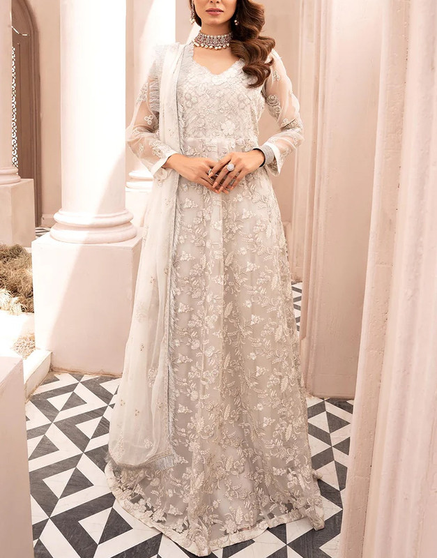 Elegant Heavy Embroidered White Chiffon Suit with Heavy Embroidered Chiffon Dupatta.