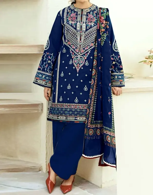 Heavy Embroidered Lawn Suit 3-Pc with Digital Print Diamond Zari Dupatta (Spring/Summer 2025).