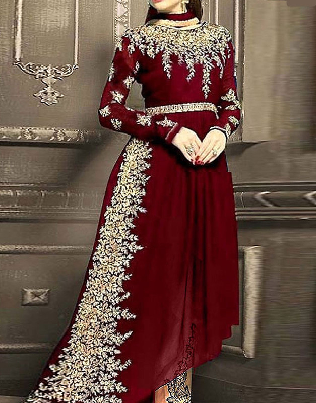 Embroidered Crinkle Chiffon Frock in Maroon with Embroidered Chiffon Dupatta.