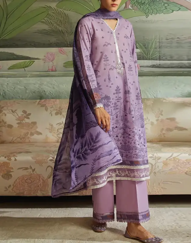 Fancy Embroidered EID Lawn 3-Piece Suit with embroidered neck and Digital Printed Diamond Lawn Dupatta.