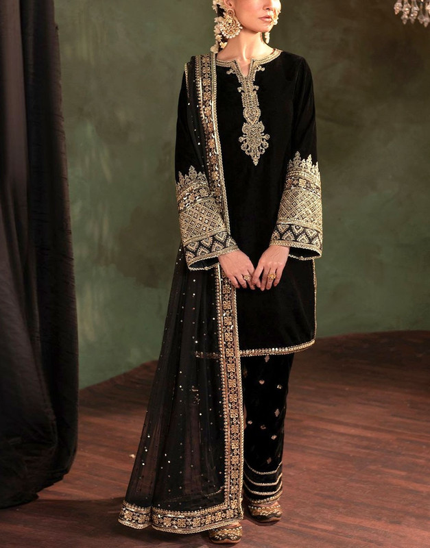 Fancy Embroidered Velvet Party Wear Suit with Embroidered NET Dupatta and Silk Trouser.