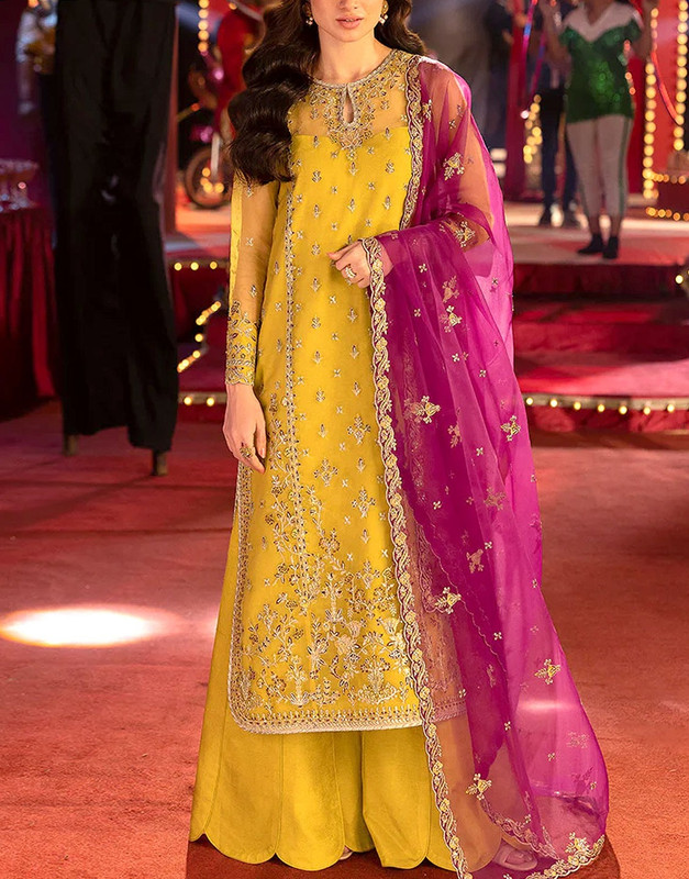 Formal Heavy Embroidered Organza Mehndi Dress 2026 in a bright color.