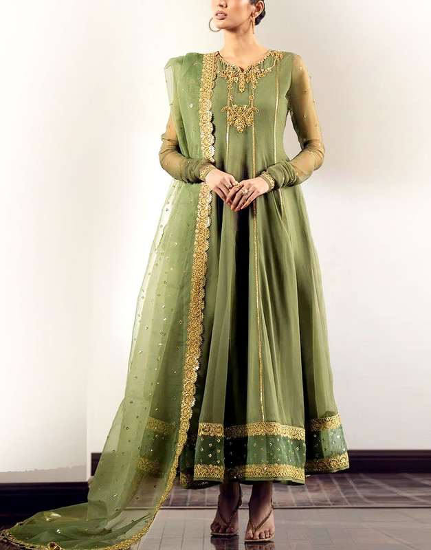 Handwork Heavy Embroidered Organza Party Wear Frock (50 inches length) with Plain Silk Trouser.