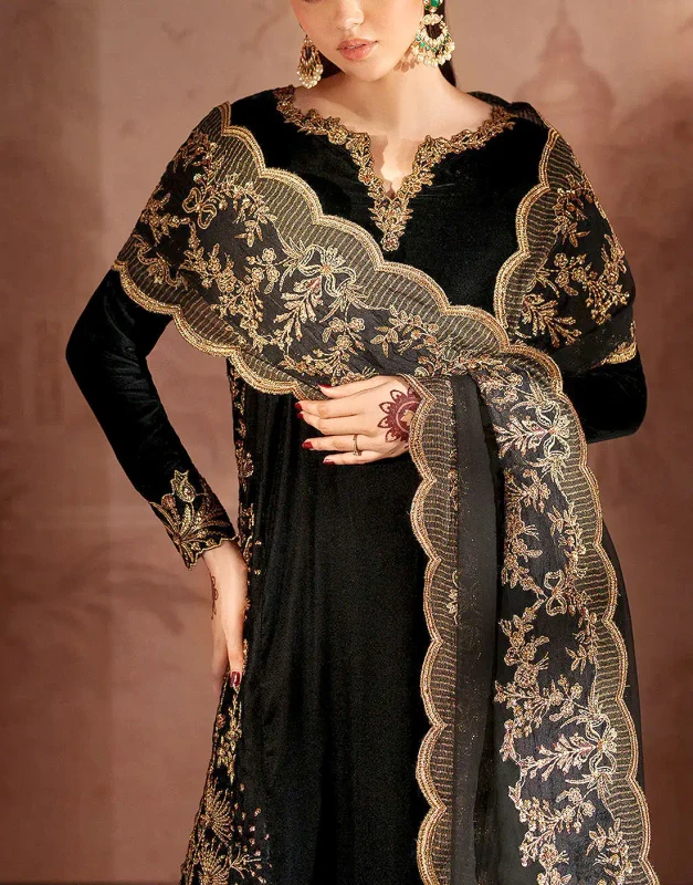 Heavy Black Velvet Wedding Dress with zari, nag, and pearl embroidery, unstitched 3-piece suit