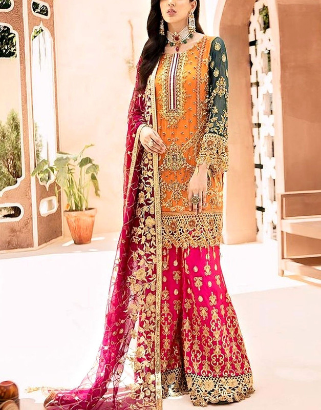 Heavy Embroidered Chiffon Bridal Dress 2025 with Cutwork Daman and Embroidered Silk Trouser.