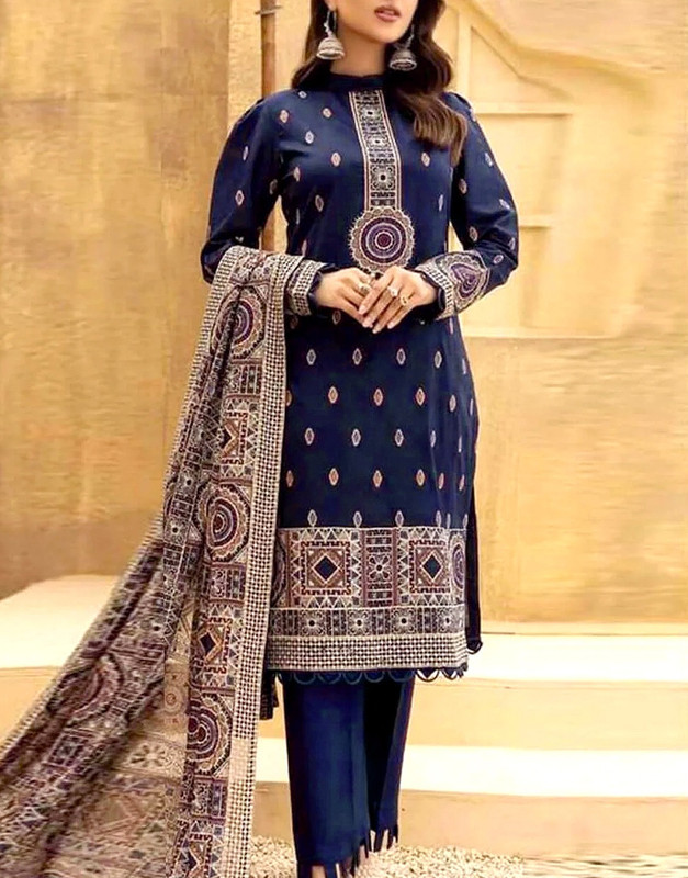 Heavy Embroidered Lawn Suit 3-Pc with Digital Print Diamond Organza Dupatta (2024).
