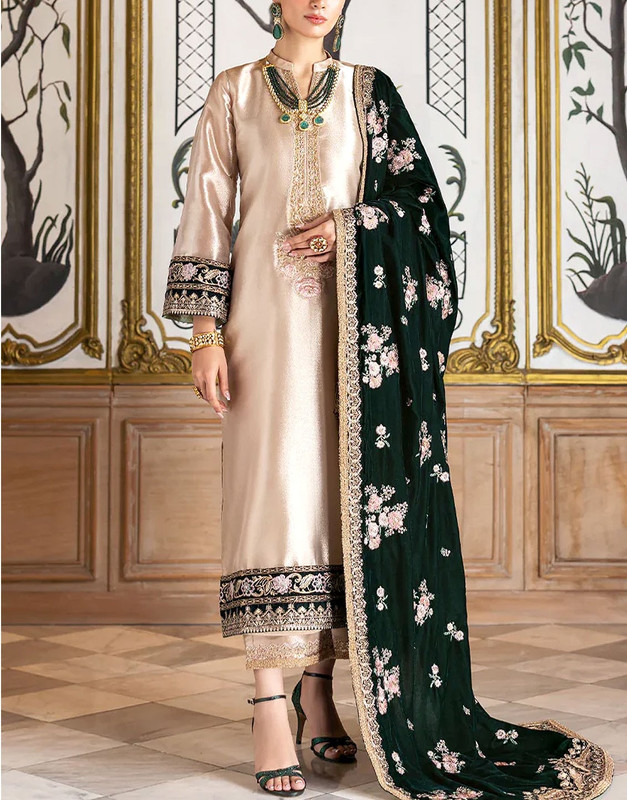 Heavy Embroidered Masoori Bridal Suit 2025 with a contrasting Luxury Velvet Shawl.