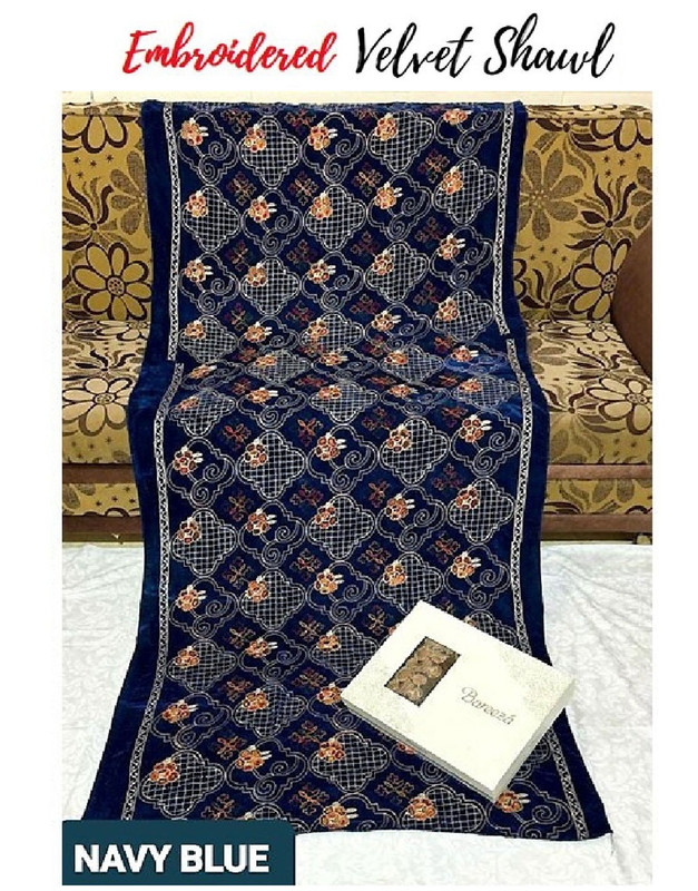 Heavy Embroidered Navy Blue Bridal Velvet Shawl (2-Side Embroidery).