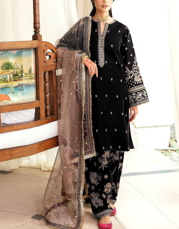 Heavy Embroidered Velvet Party Wear Suit with Embroidered Organza Dupatta.