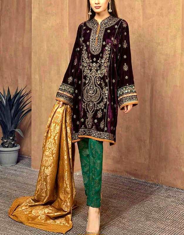 Heavy Embroidered Velvet Party Wear Suit with Printed Silk Dupatta and Jamawar Trouser.
