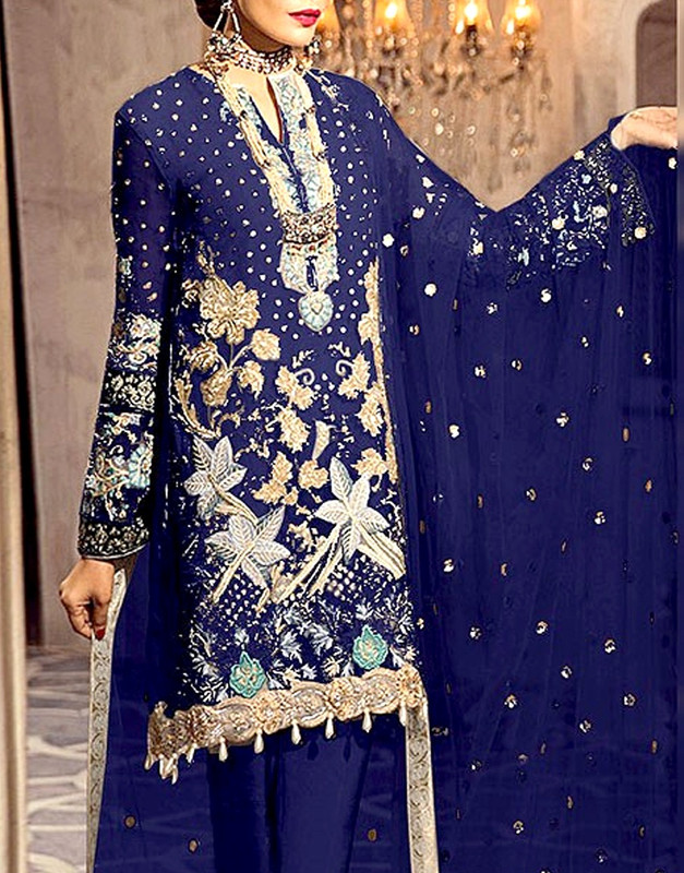 Heavy Handwork Embroidered Chiffon Suit in Navy Blue for Wedding Wear.