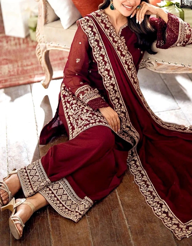 Heavy Maroon Chiffon Wedding Dress fully embroidered with thread and sequins