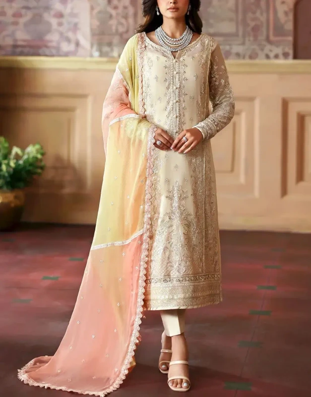 Ivory Embroidered Chiffon Wedding Dress with Hand-Embellished Neckline