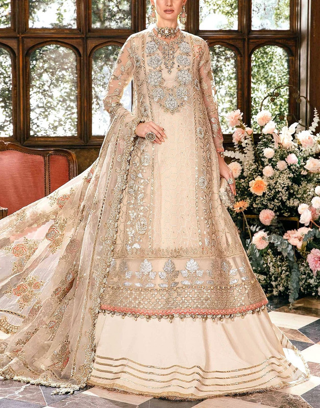 Luxurious Handwork Heavy Embroidered Organza Bridal Dress 2026 with detailed gold work.