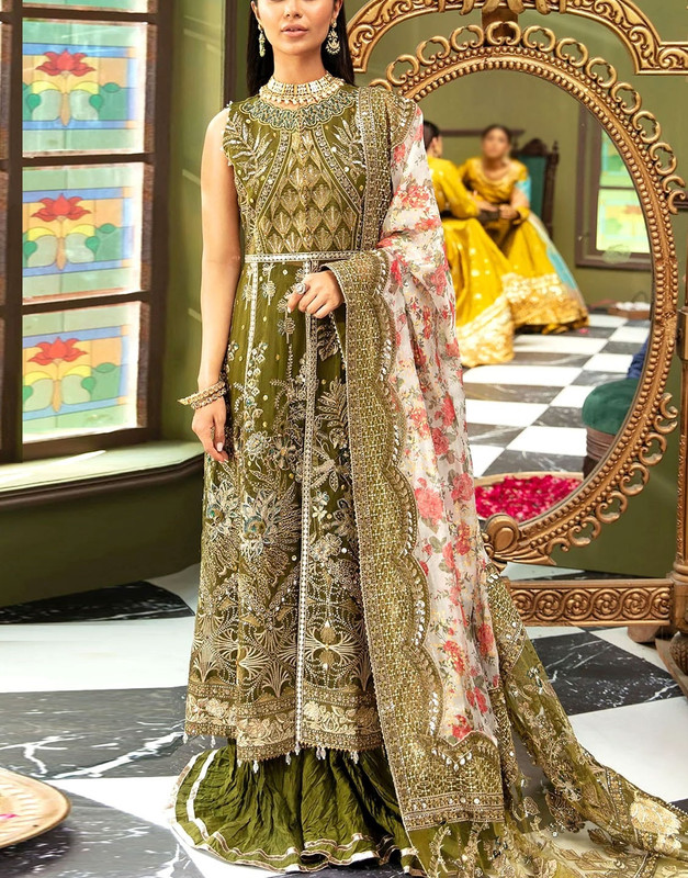 Luxury Heavy Handwork Organza Bridal Mehndi Suit 2025 with Digital Print Organza Dupatta.