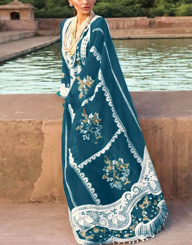 Luxurious Schiffli Embroidered Lawn 3-Pc Suit with Heavy Embroidered Organza Dupatta (2025).