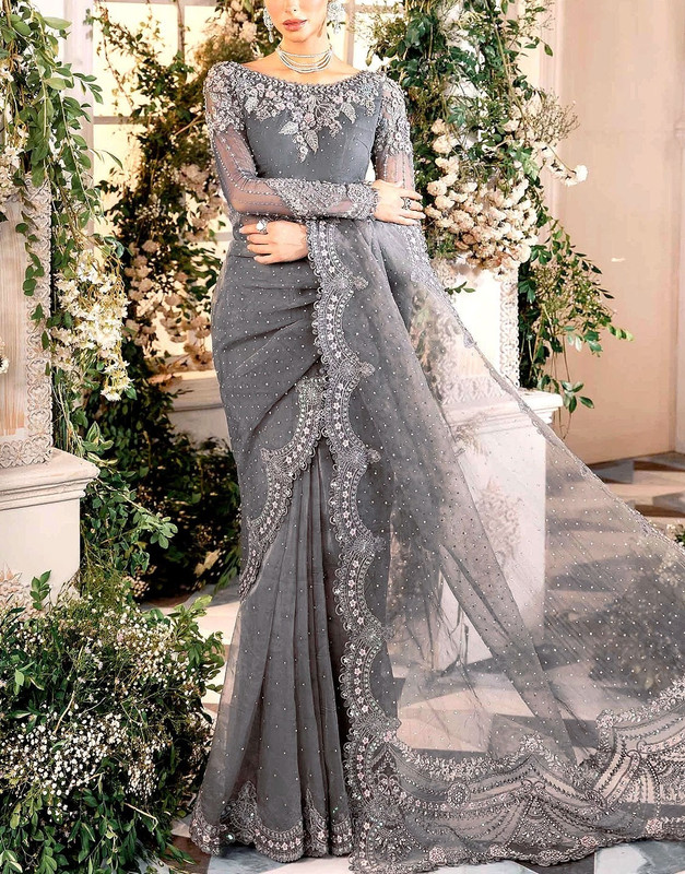 Luxury 3D Handwork Heavy Embroidered Net Bridal Saree with intricately embroidered pallu.