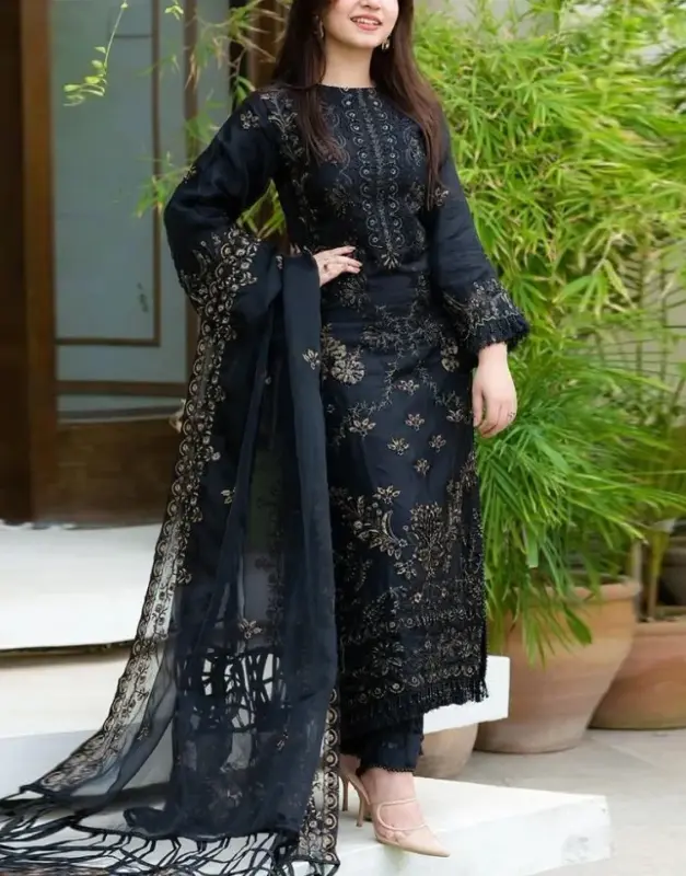 Luxury Embroidered Cotton Suit 3-Pc in Blue with Heavy Embroidery and Embroidered Bamber Chiffon Dupatta (2025).