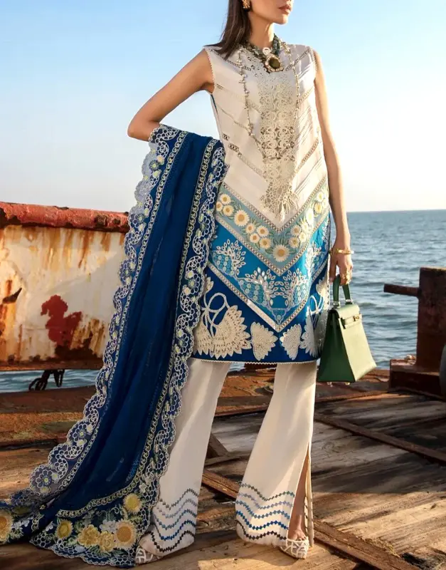 Luxury Heavy Schiffli Embroidered Lawn 3-Piece Suit with 4-Side Border Heavy Embroidered Organza Dupatta.