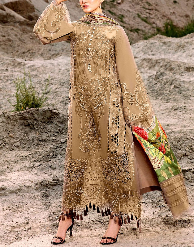 Premium Unstitched Schiffli Embroidered Cotton Suit 3-Pc with Digital Print Silk Dupatta.