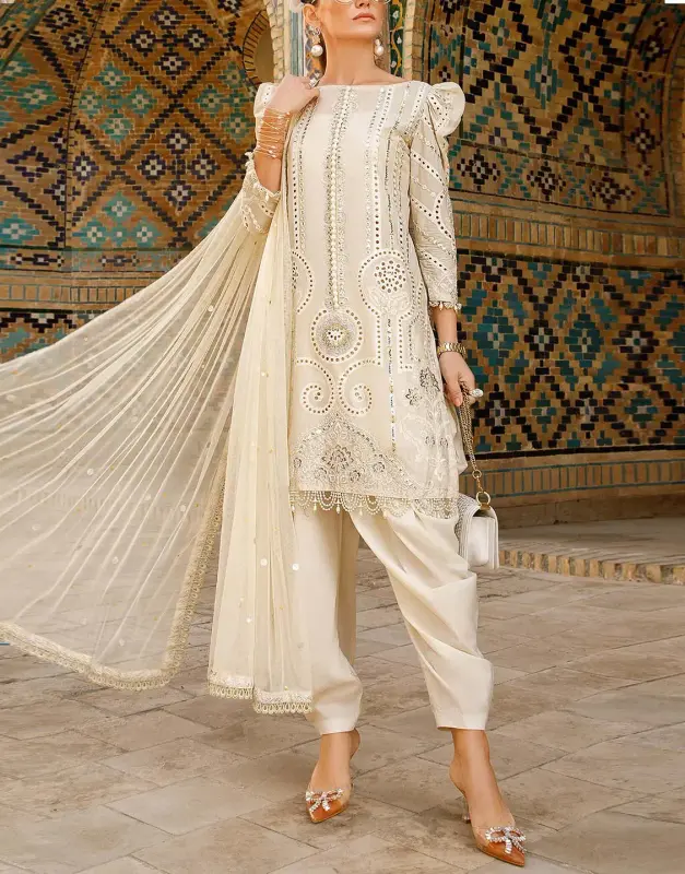 Luxury unstitched Schiffli Embroidered Lawn 3-Pc Suit for Eid with 4-Side Border Embroidered Net Dupatta.