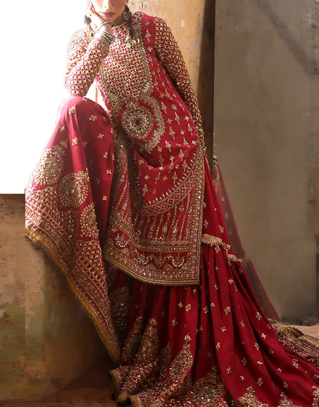 Maroon embroidered NET bridal sharara dress front view - unstitched Pakistani luxury wedding party outfit with rich neckline