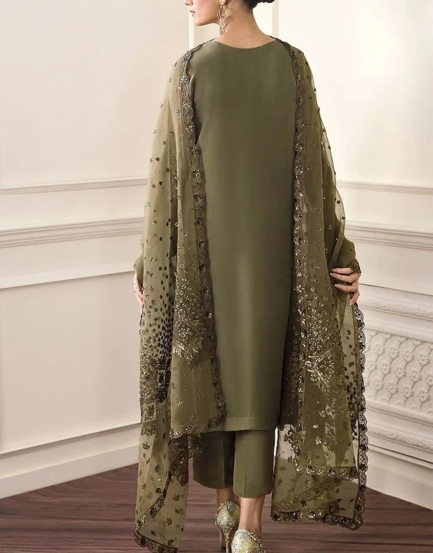 Olive-Green Chiffon Mehndi Dress with pearl handwork neck and embroidered organza dupatta