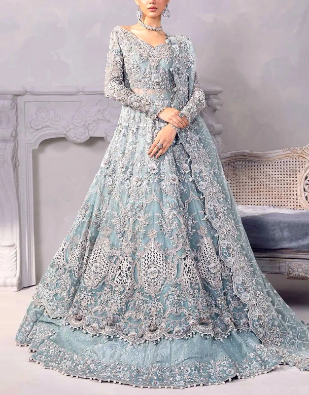 Powder blue embroidered NET bridal maxi dress front view - unstitched Pakistani 12 Kali lehenga with rich embellishments