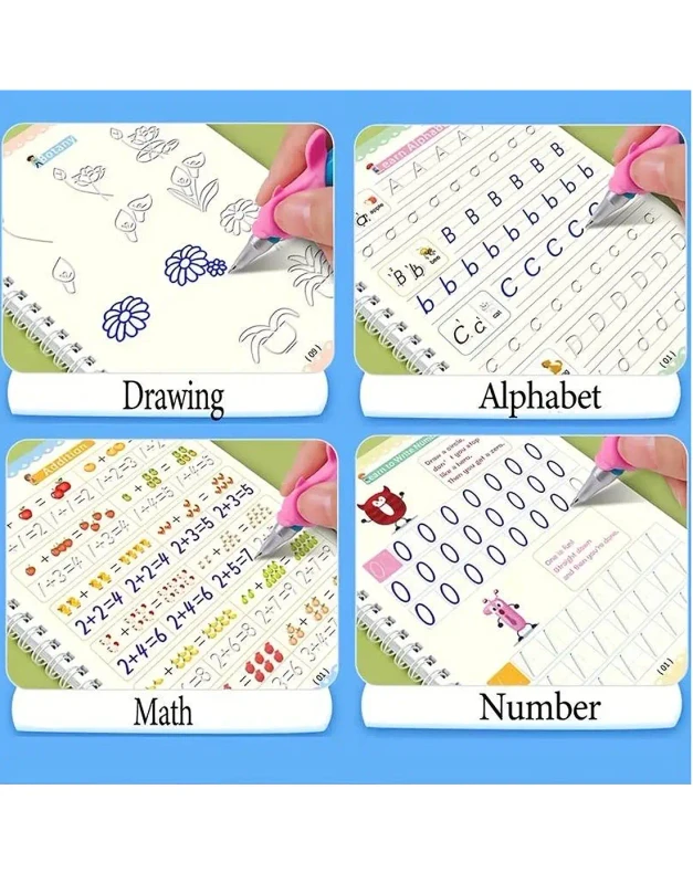 Four Sank Magic Reusable Copybooks for kids learning English, Math, Numbers, and Drawing with pen set