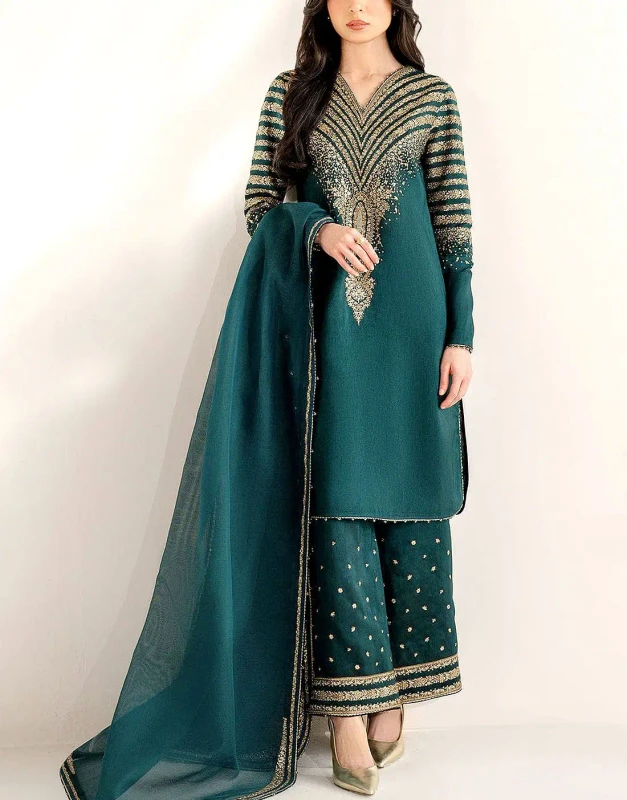 Teal-Green Raw Silk Dress 3-piece with heavy embroidered sleeves, trouser bottoms, and embroidered organza dupatta