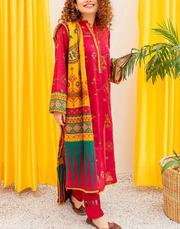 Trendy Unstitched 3-Piece Embroidered Lawn Suit paired with a sheer Printed Organza Dupatta.