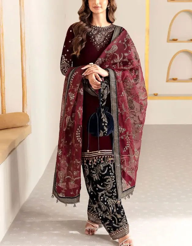 Trendy Embroidered Velvet Party Wear Suit (9000 Micro) with Embroidered Silk Trouser.