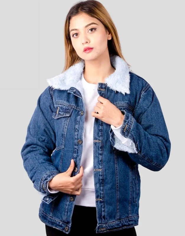 Navy (Dark Blue) Unisex Fur-Lined Denim Jacket for warm winter wear