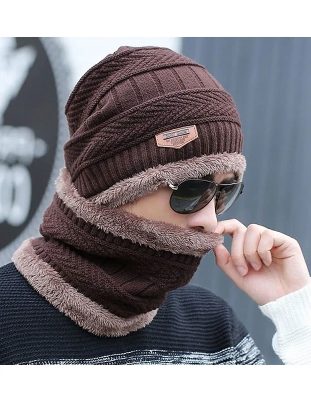 Unisex Winter Wool-Lined Beanie and matching Neck Warmer Set in grey